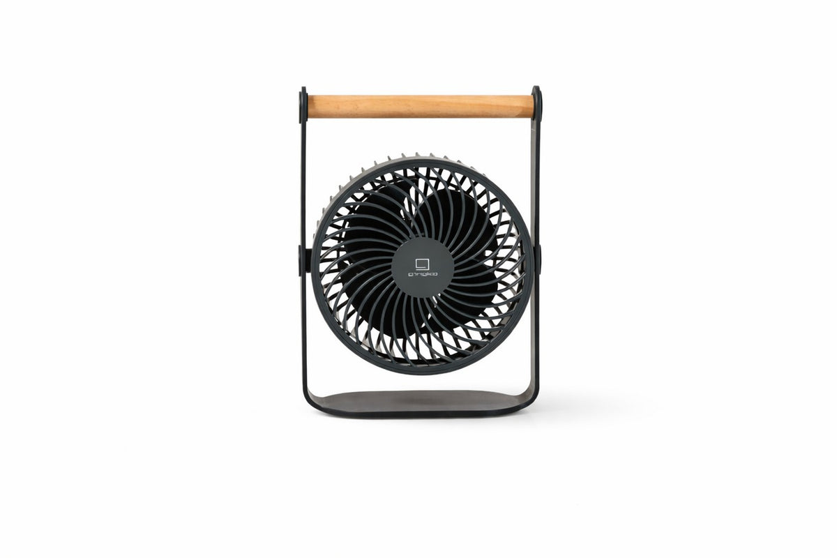 Gingko Design – Ventilatore Portatile Lyra - Grigio Siderale, ventilatore da tavolo nero con supporto in legno, su sfondo bianco