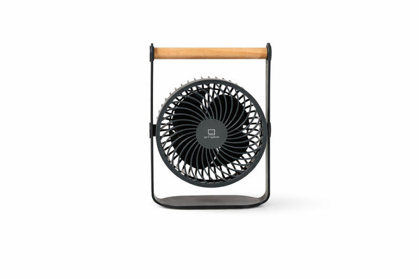 Gingko Design – Ventilador Portátil Lyra - Gris Espacial, ventilador de mesa negro con soporte de madera, sobre fondo blanco