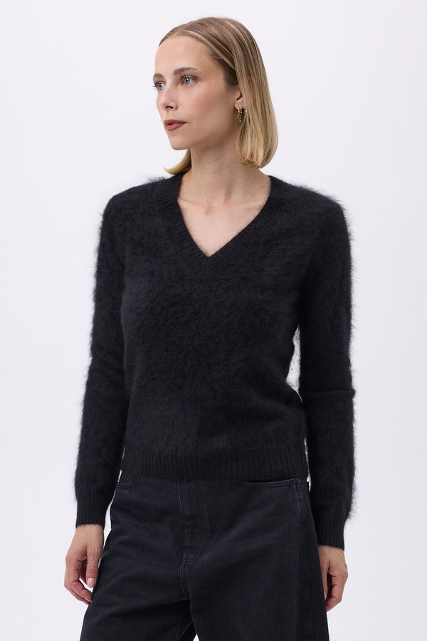 V-Neck – Børstet kashmir Mael - Sort - Dame