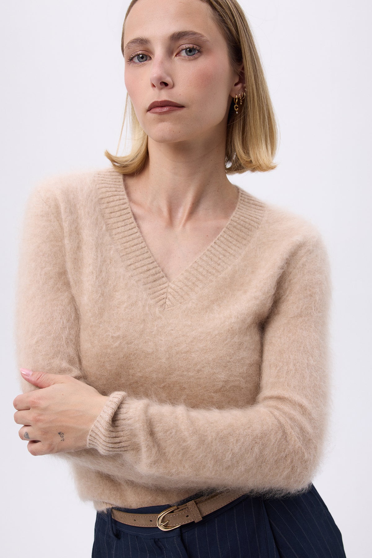 V-Neck – Brushed Cashmere Mael – Beige Crème – Dam