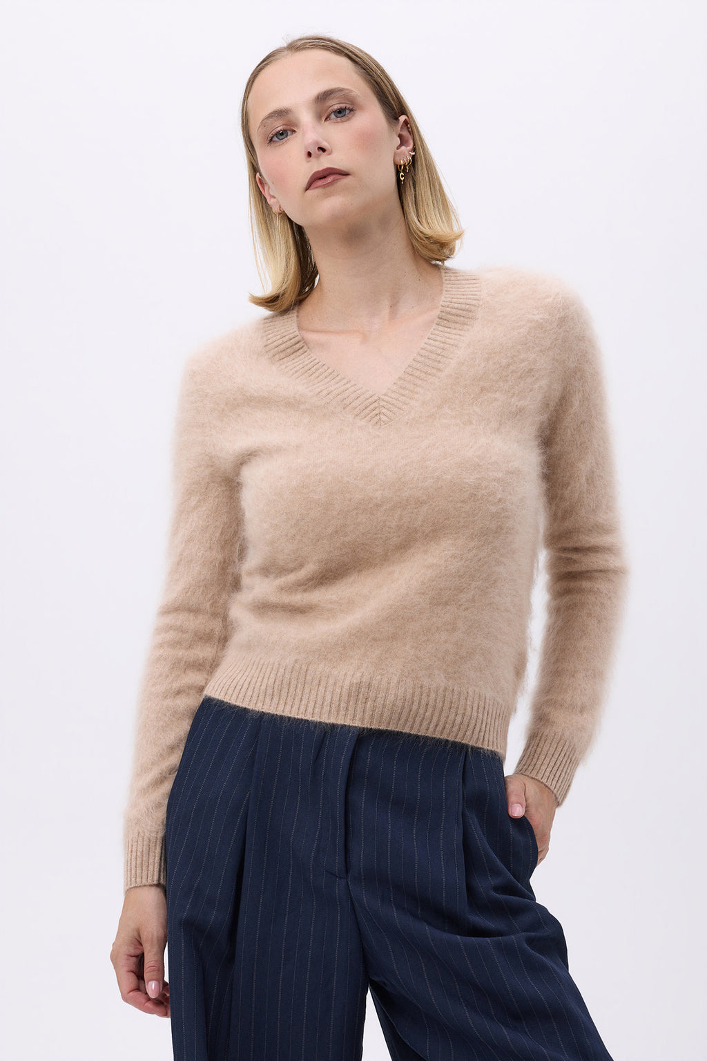 V-Neck – Brushed Cashmere Mael – Beige Crème – Dam
