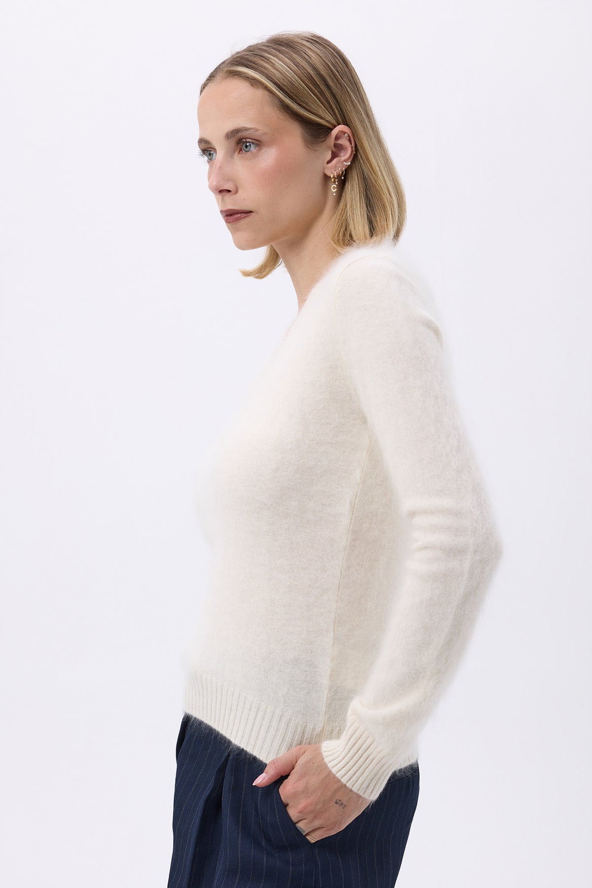 Cuello en V – Cachemira cepillada Mael - Blanco - Mujer