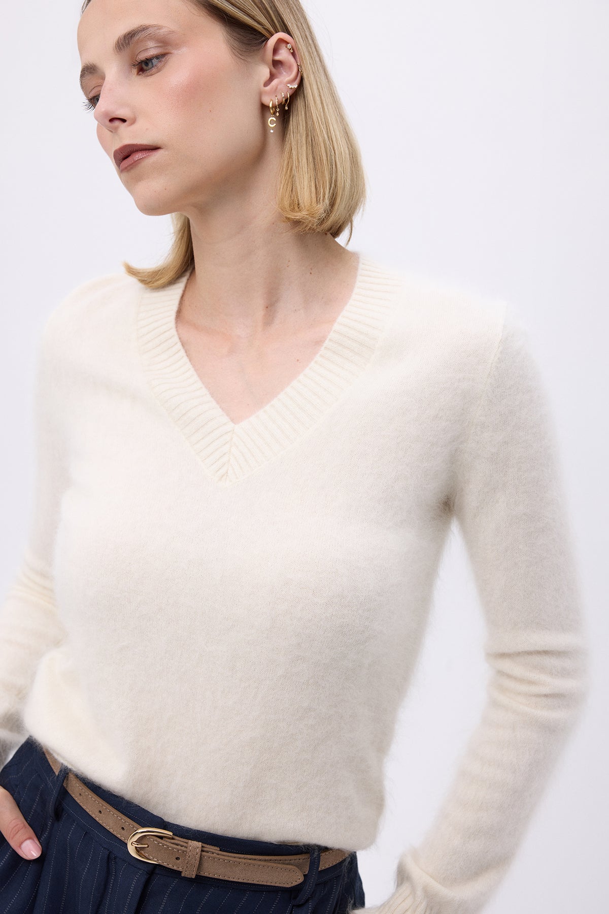 Cuello en V – Cachemira cepillada Mael - Blanco - Mujer