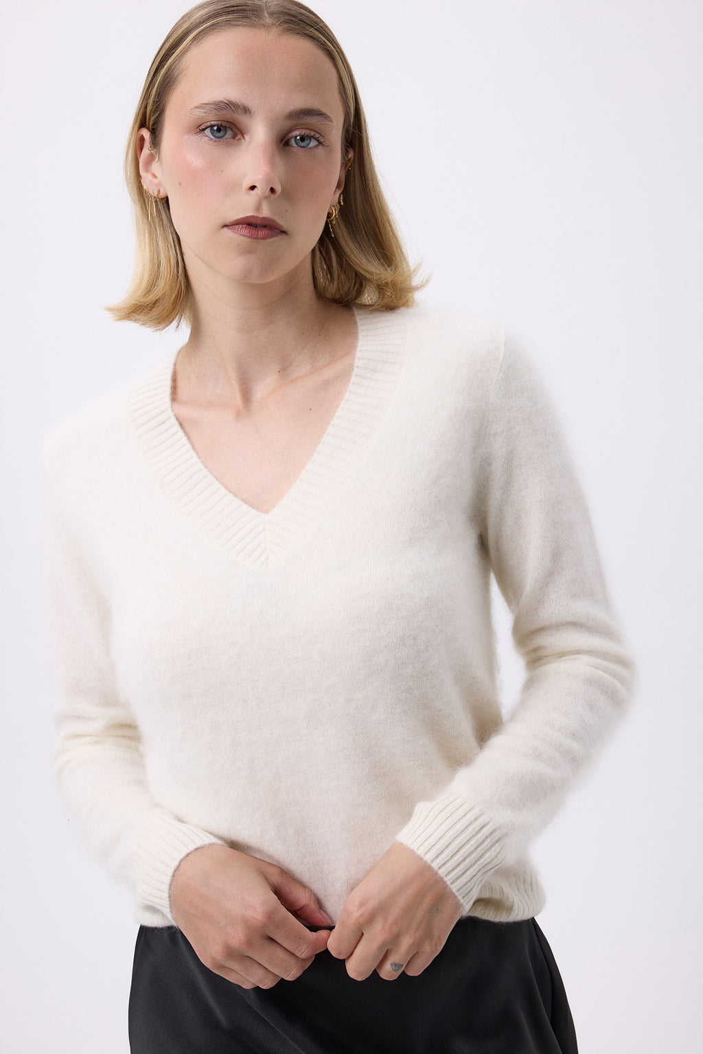 Cuello en V – Cachemira cepillada Mael - Blanco - Mujer