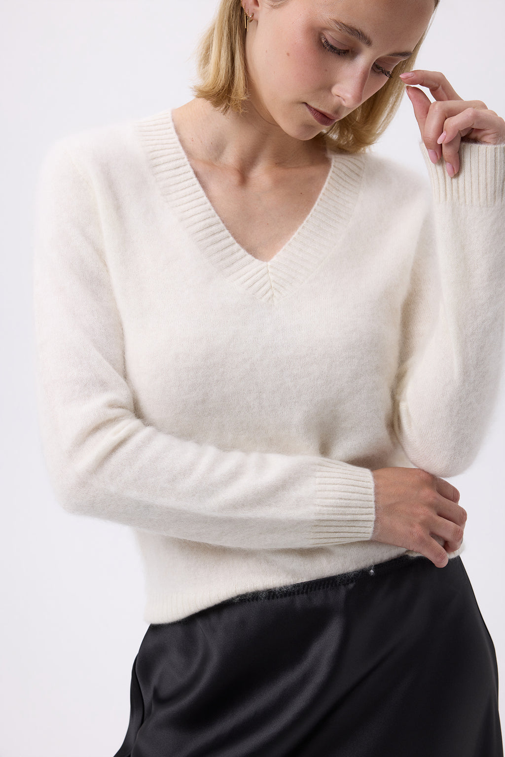 Cuello en V – Cachemira cepillada Mael - Blanco - Mujer