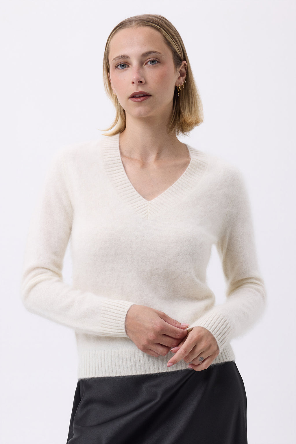 Cuello en V – Cachemira cepillada Mael - Blanco - Mujer