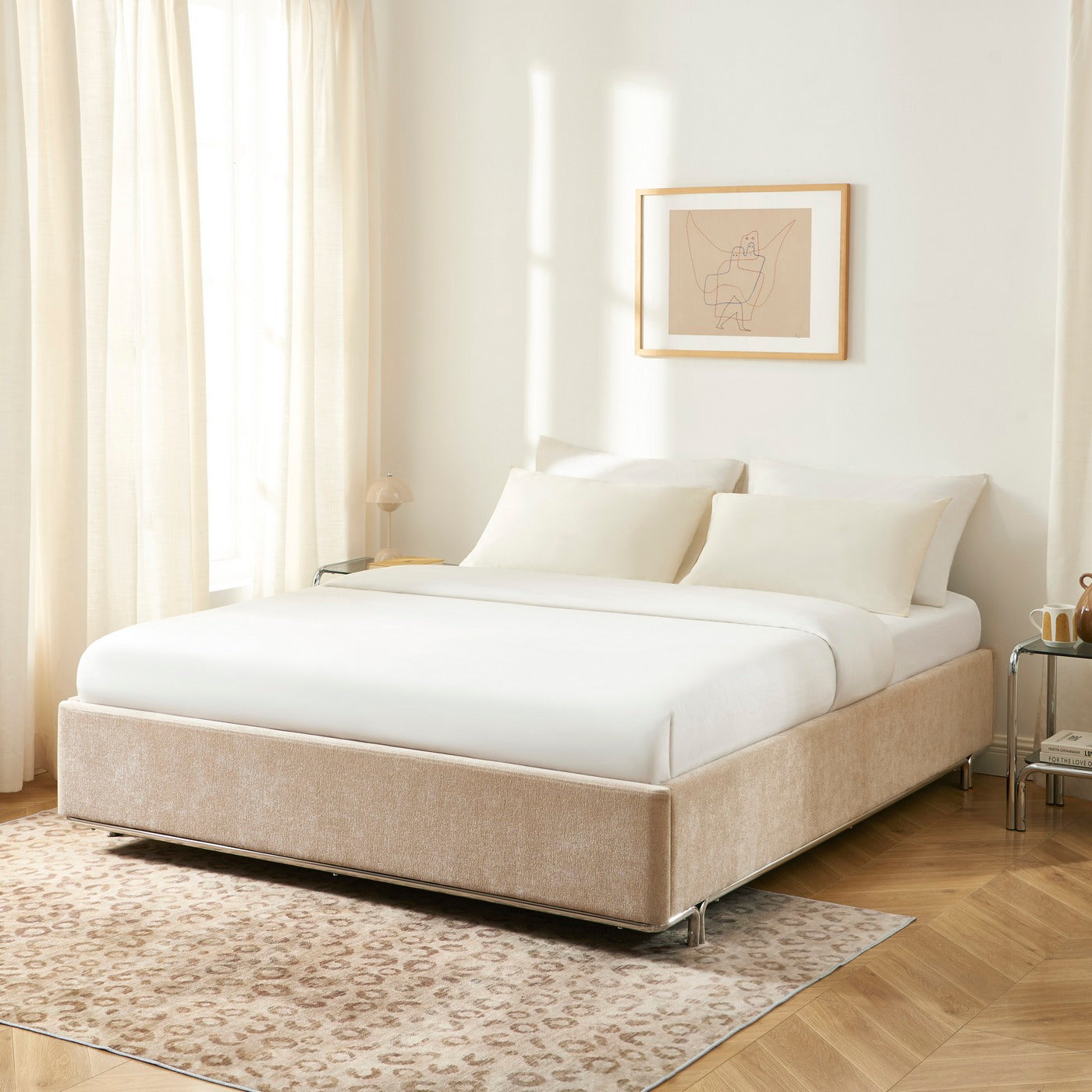 Maggy - Lit - Bouclette - Beige Et Pieds Métal Noir
