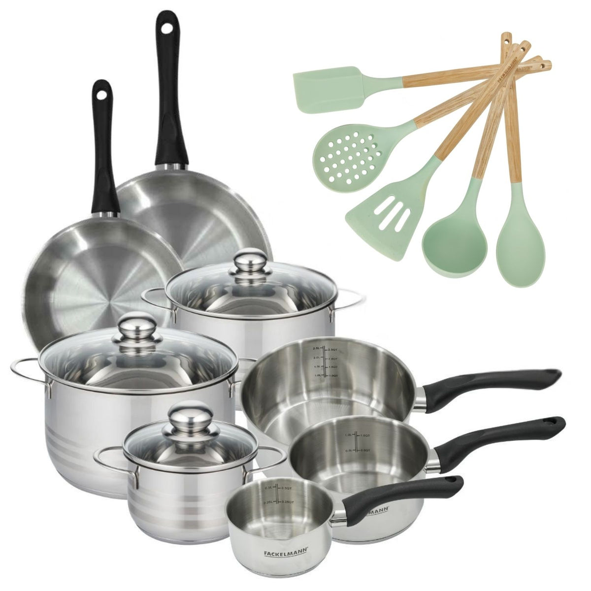 Batterie De 2 Poêles 3 Faitouts Et 3 Casseroles Et 5 Ustensiles Fackelmann Geneva - Inox/Noir