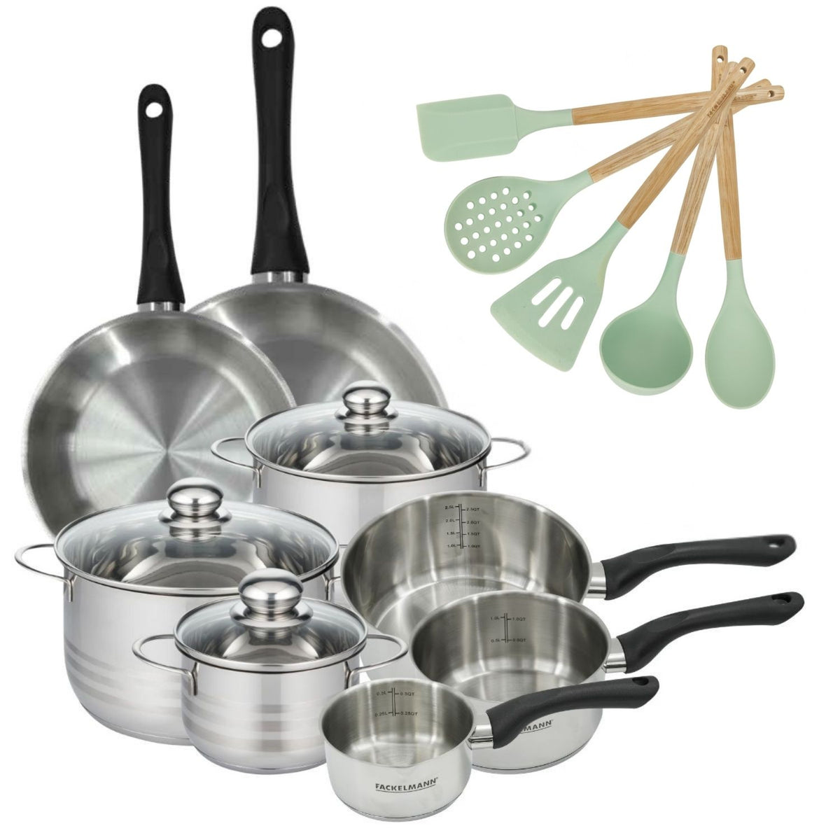 Batterie De Cuisine Avec 3 Faitouts Et 3 Casseroles Et 2 Poêles Sans Pfas Fackelmann Généva Brillant Ocean - Inox/Noir
