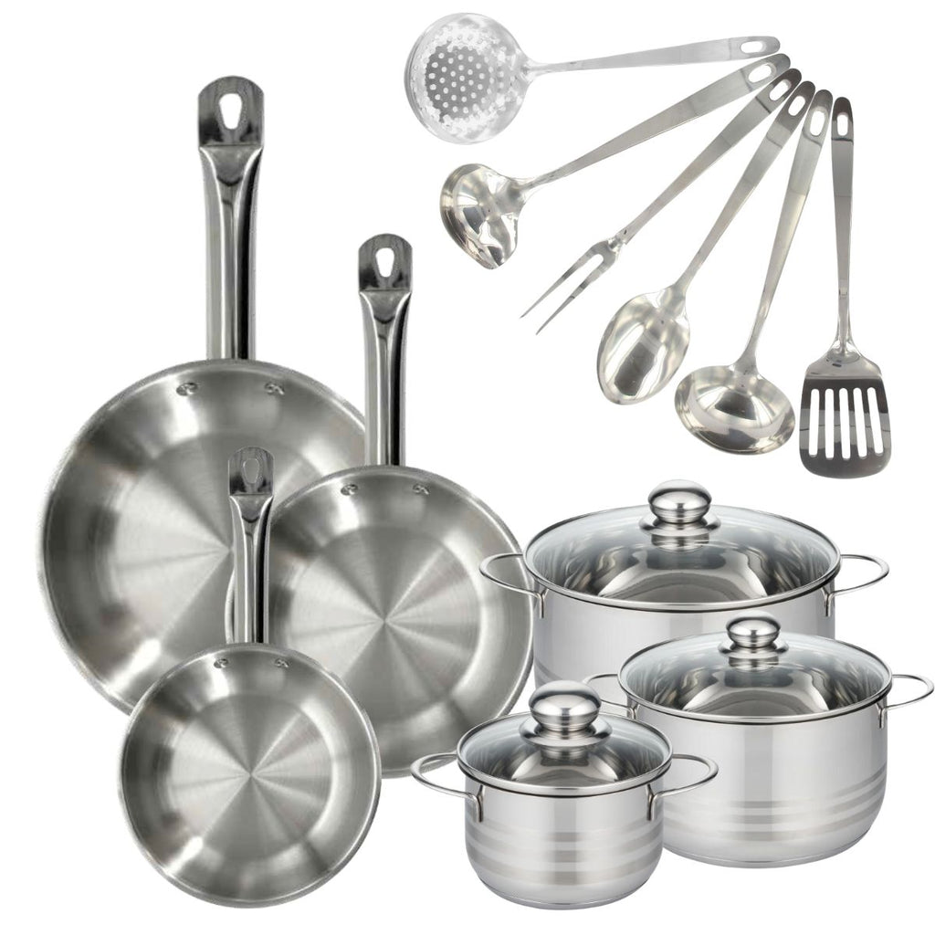 Batterie De Cuisine Avec 3 Poêles Et 3 Faitouts Et 6 Ustensiles De Cuisine Fackelmann Etherna Brillant Oxford - Inox