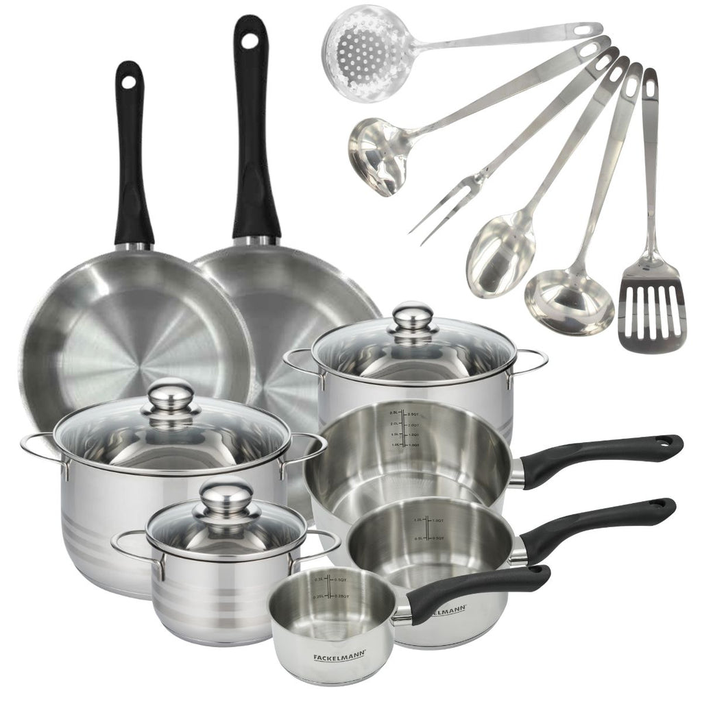 Batterie De 2 Poêles, 3 Casseroles, 3 Faitouts Et 6 Ustensiles Fackelmann Geneva - Inox/Noir