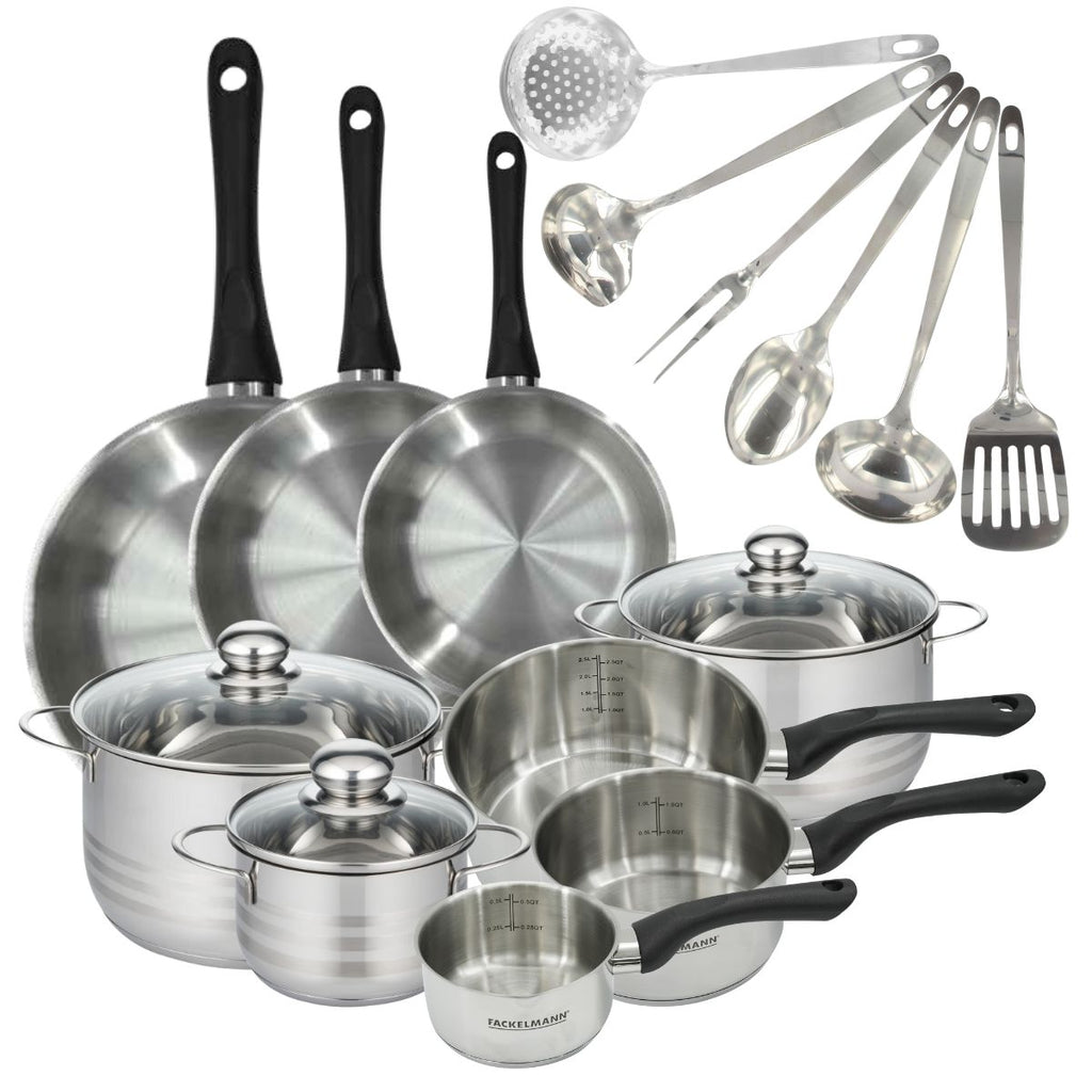 Batterie De Cuisine Avec 3 Poêles Et 3 Casseroles Avec 6 Ustensiles De Cuisine Fackelmann Généva Brillant Oxford - Inox/Noir