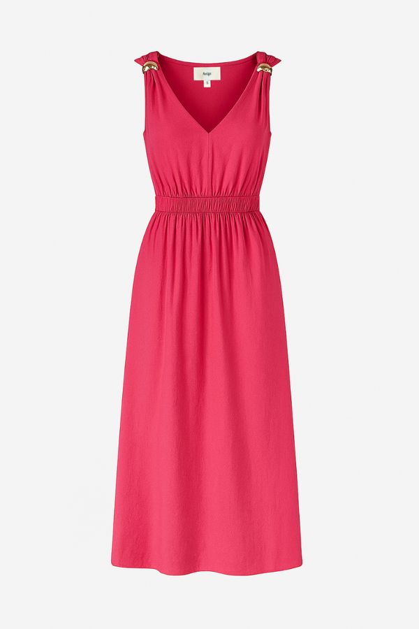 An'ge – Vestido midi Malouise Framboise, vestido largo fucsia de lino, vista frontal