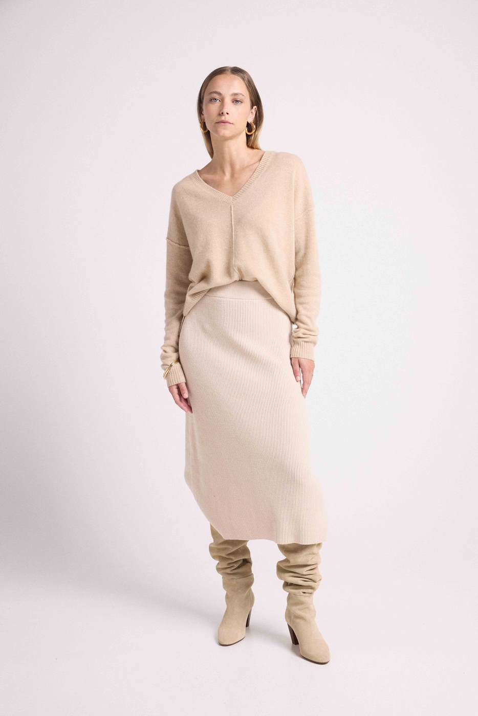 Maglione Scollo a V Oversize Cuciture Manon - Beige Crema