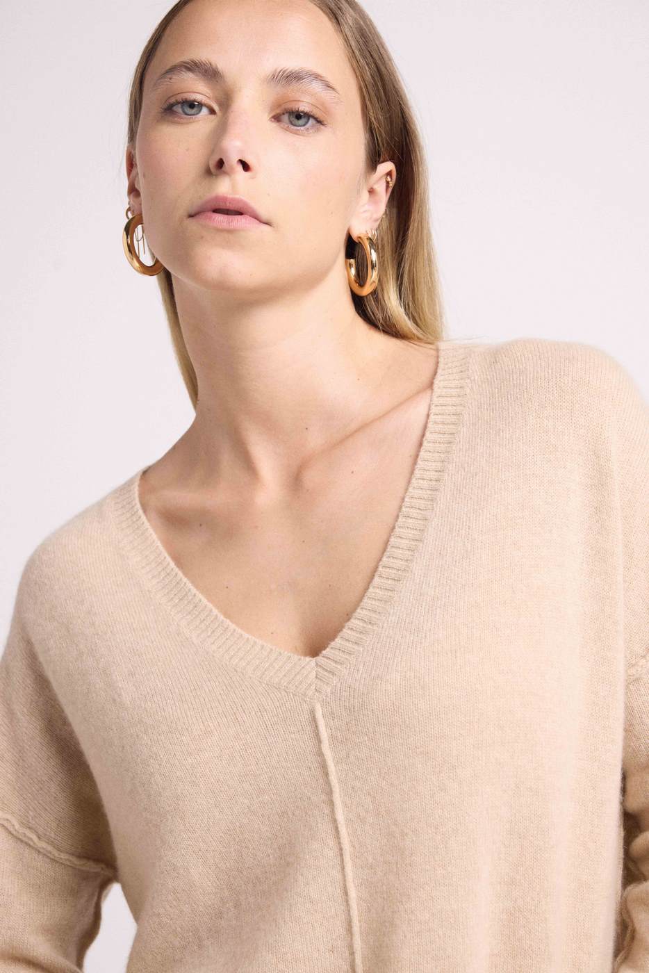 Maglione Scollo a V Oversize Cuciture Manon - Beige Crema