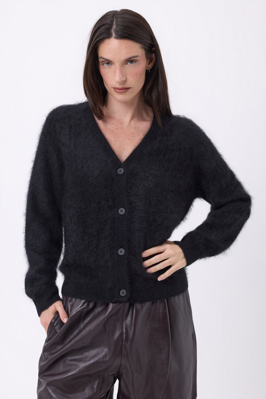 Cardigan Col V – Cachemire Brossé Marianne - Noir - Femme