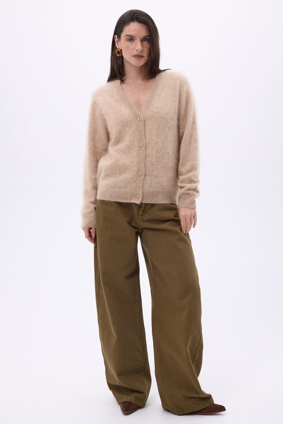 Cárdigan de cuello en V – Cachemira cepillada Marianne - Beige crema - Mujer