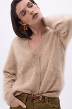 Cárdigan de cuello en V – Cachemira cepillada Marianne - Beige crema - Mujer