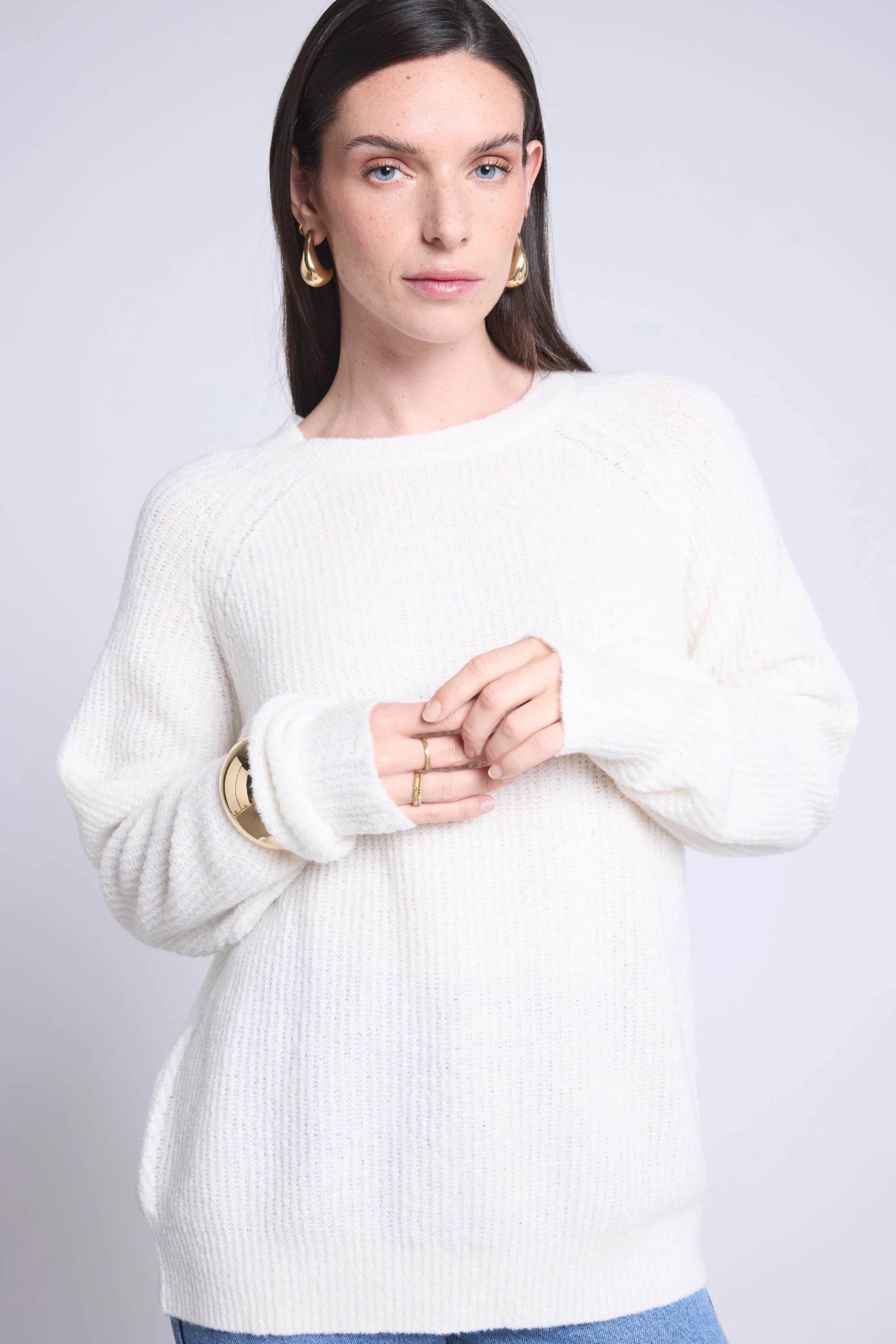 Jersey de cuello redondo de cachemira bouclé Marisol - Blanco roto - Mujer