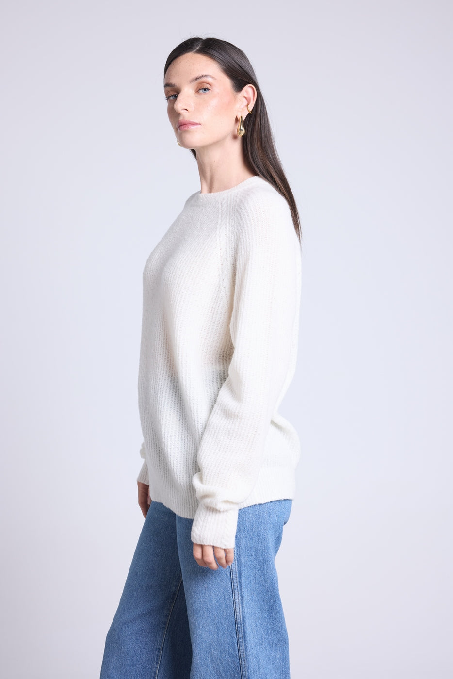 Jersey de cuello redondo de cachemira bouclé Marisol - Blanco roto - Mujer