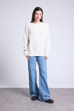 Jersey de cuello redondo de cachemira bouclé Marisol - Blanco roto - Mujer