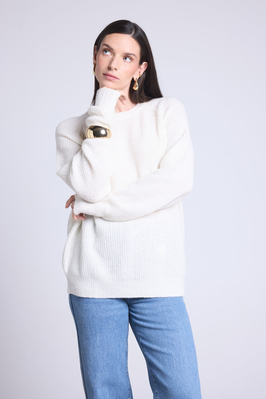 Jersey de cuello redondo de cachemira bouclé Marisol - Blanco roto - Mujer