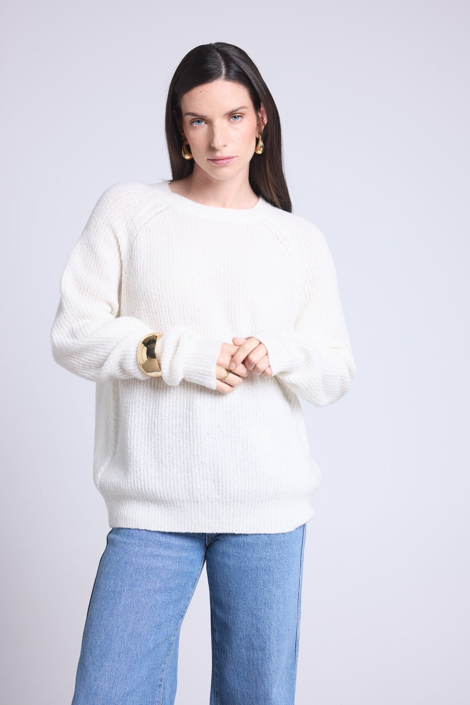 Jersey de cuello redondo de cachemira bouclé Marisol - Blanco roto - Mujer