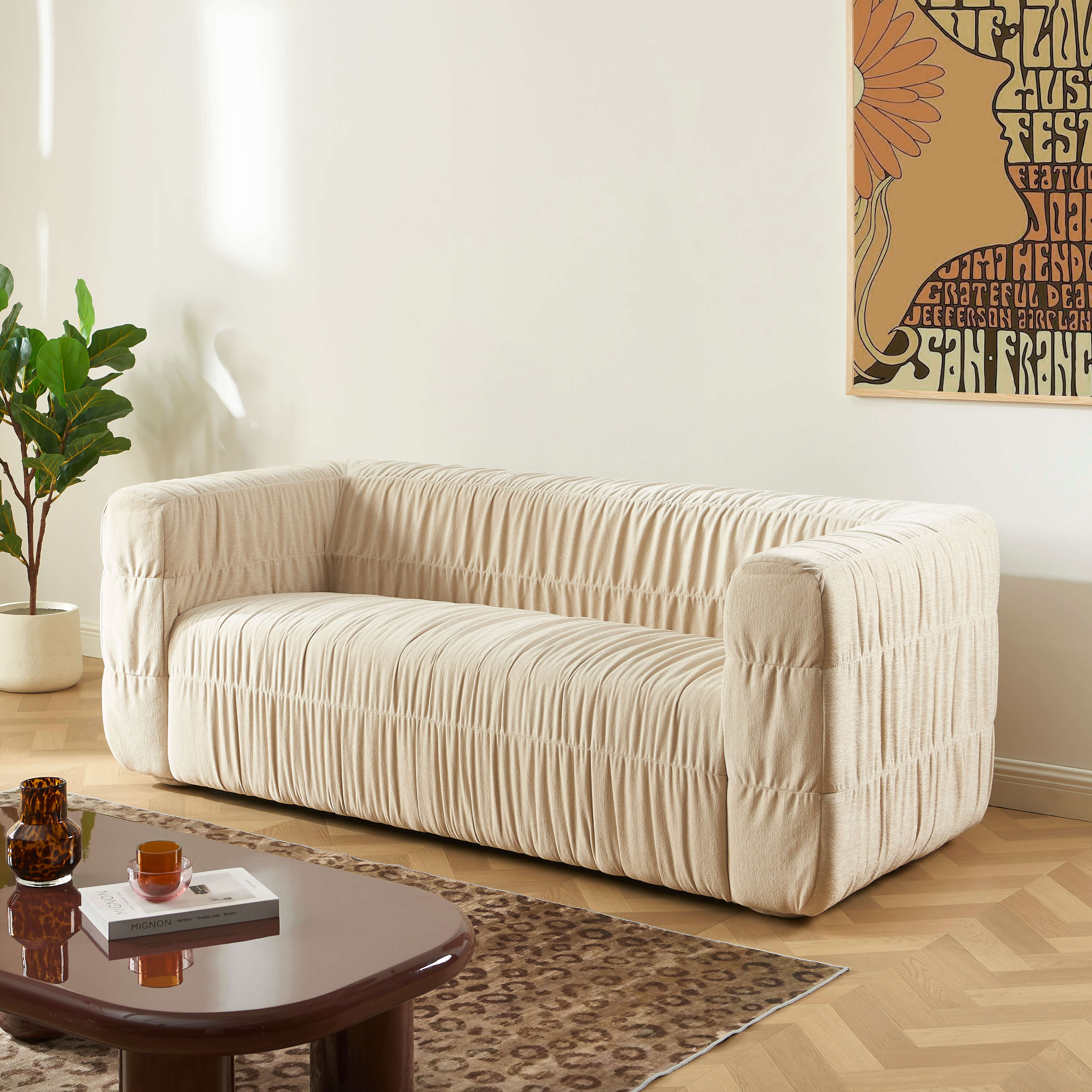 Marni - Canapé 3 Places - Velours Texturé - Beige