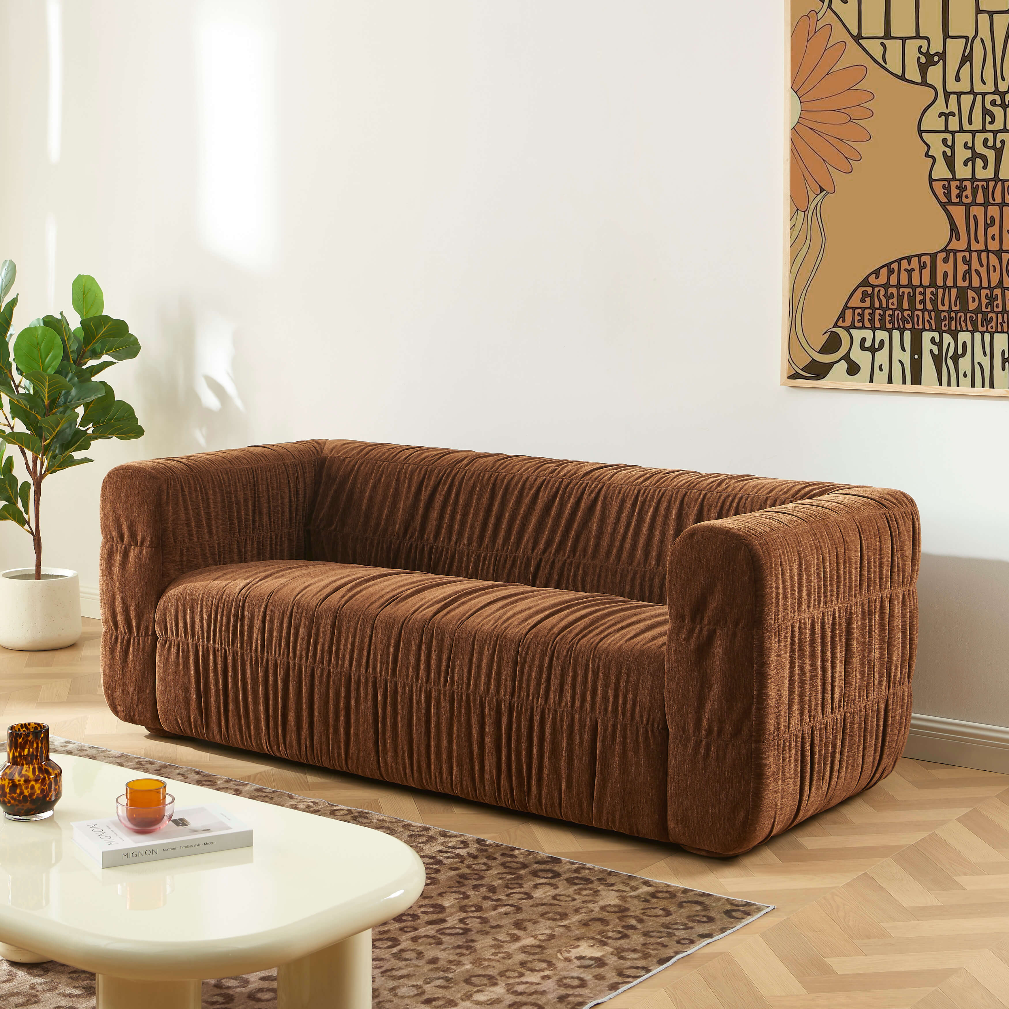 Marni - Canapé 3 Places - Velours Texturé - Marron