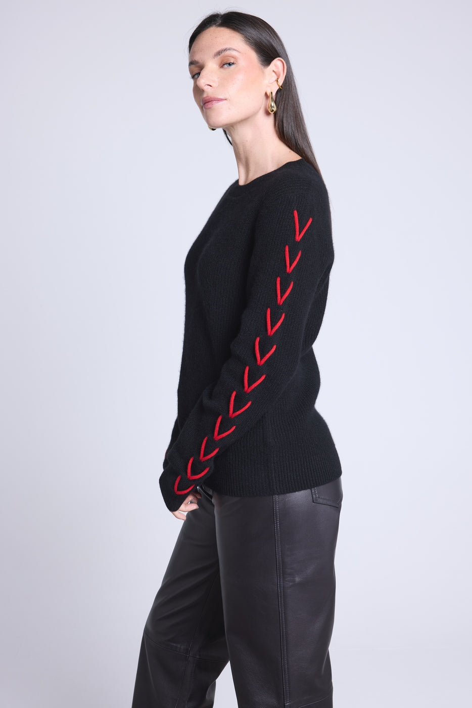 Jersey de cuello redondo con cordones en las mangas Marta - Negro y rojo - Mujer