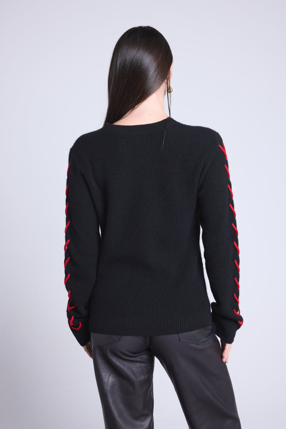 Jersey de cuello redondo con cordones en las mangas Marta - Negro y rojo - Mujer