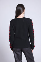 Jersey de cuello redondo con cordones en las mangas Marta - Negro y rojo - Mujer