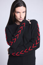 Jersey de cuello redondo con cordones en las mangas Marta - Negro y rojo - Mujer