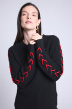 Jersey de cuello redondo con cordones en las mangas Marta - Negro y rojo - Mujer