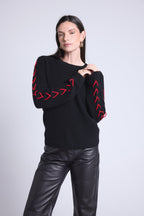 Jersey de cuello redondo con cordones en las mangas Marta - Negro y rojo - Mujer