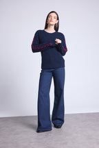 Pull Col Rond Lacets Manches Marta - Bleu Marine Fushia - Femme
