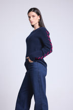Pull Col Rond Lacets Manches Marta - Bleu Marine Fushia - Femme