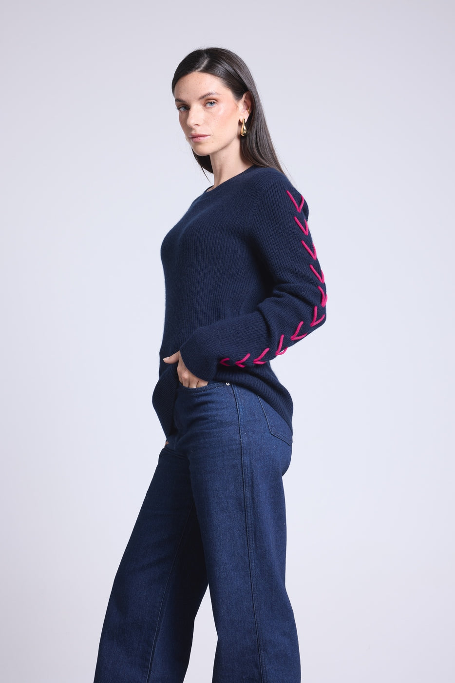 Pull Col Rond Lacets Manches Marta - Bleu Marine Fushia - Femme