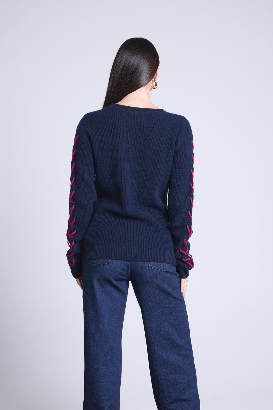 Pull Col Rond Lacets Manches Marta - Bleu Marine Fushia - Femme