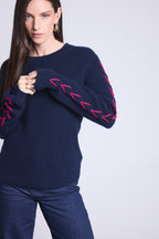 Pull Col Rond Lacets Manches Marta - Bleu Marine Fushia - Femme