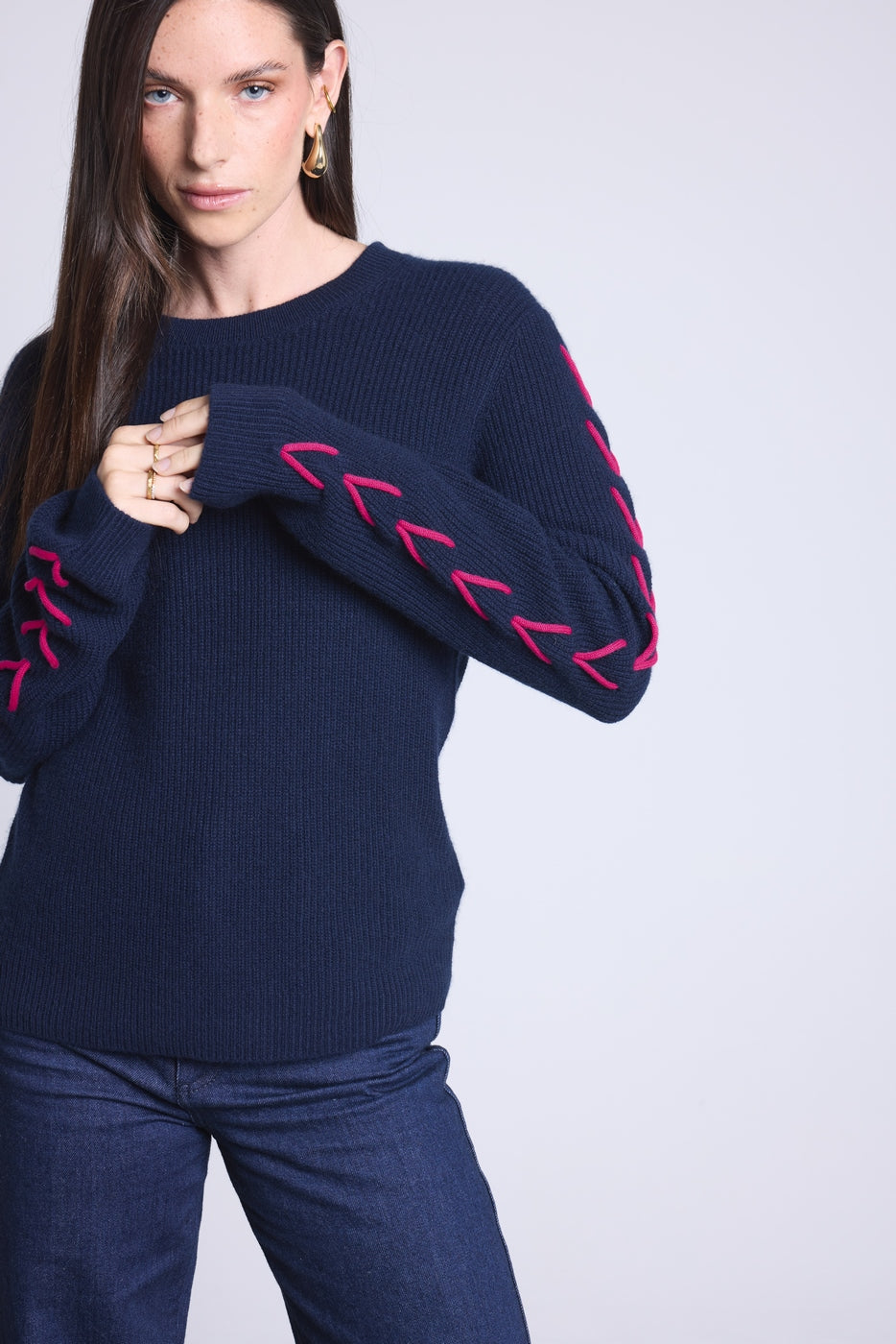 Pull Col Rond Lacets Manches Marta - Bleu Marine Fushia - Femme