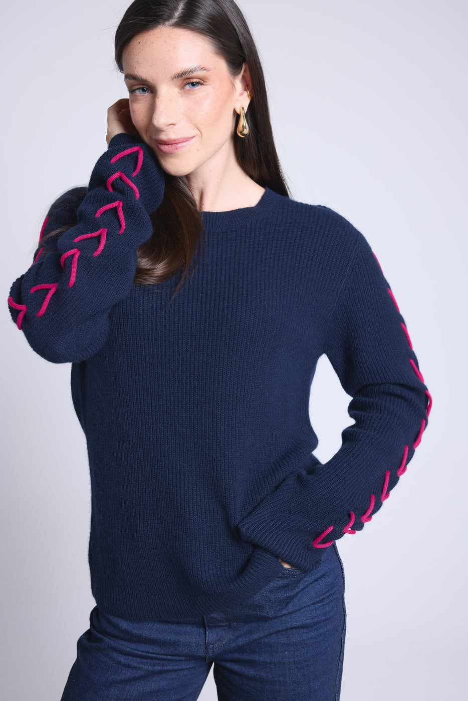 Pull Col Rond Lacets Manches Marta - Bleu Marine Fushia - Femme