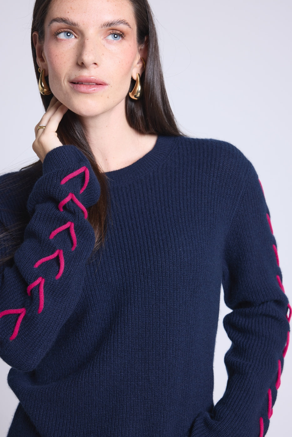 Pull Col Rond Lacets Manches Marta - Bleu Marine Fushia - Femme
