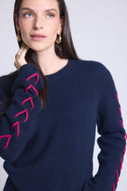 Pull Col Rond Lacets Manches Marta - Bleu Marine Fushia - Femme