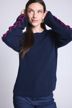 Pull Col Rond Lacets Manches Marta - Bleu Marine Fushia - Femme