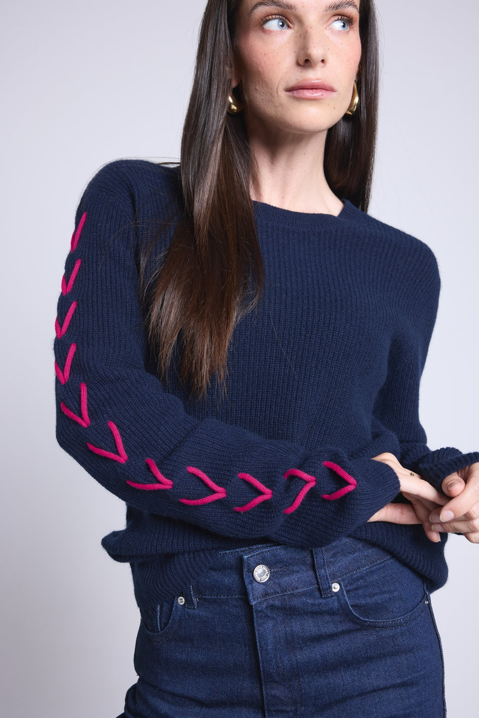 Pull Col Rond Lacets Manches Marta - Bleu Marine Fushia - Femme