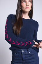Pull Col Rond Lacets Manches Marta - Bleu Marine Fushia - Femme