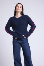 Pull Col Rond Lacets Manches Marta - Bleu Marine Fushia - Femme