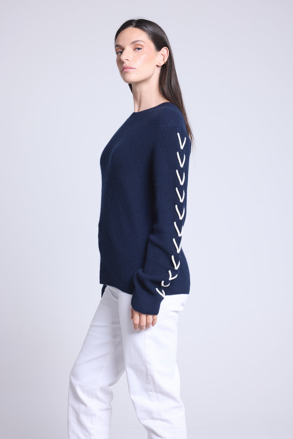 Pull Col Rond Lacets Manches Marta - Bleu Marine Et Blanc - Femme