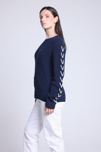 Pull Col Rond Lacets Manches Marta - Bleu Marine Et Blanc - Femme